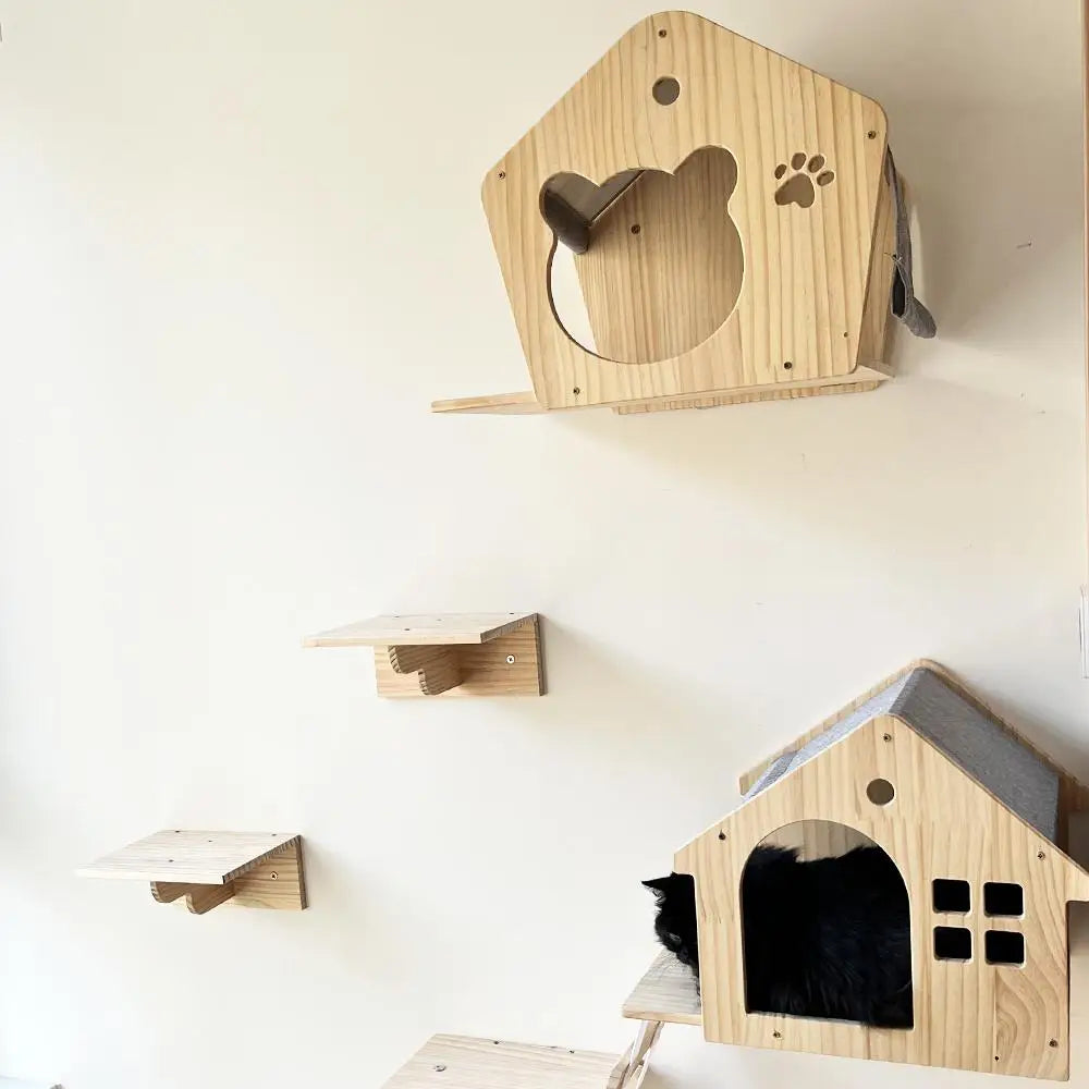 1 Piece Wall Mounted Cat House Climbing Floating Wooden Shelf Kitten Villa for Sleeping and Resting Pet Wall Indoor Furniture