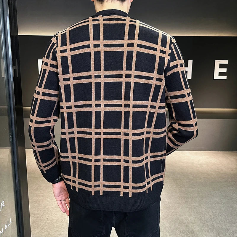 Brand Clothing Men's Fall Winter High Quality Casual Cardigan Knit Sweater Jackets/Male Loose Fashion Luxury Plaid Knit Sweaters