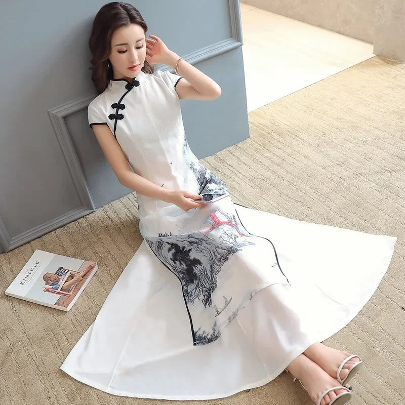 Summer Elegant Slim Women's Clothing Landscape Painting Cheongsam White Dress Qipao Chiffon Robe Vintage Chinese Style Dresses