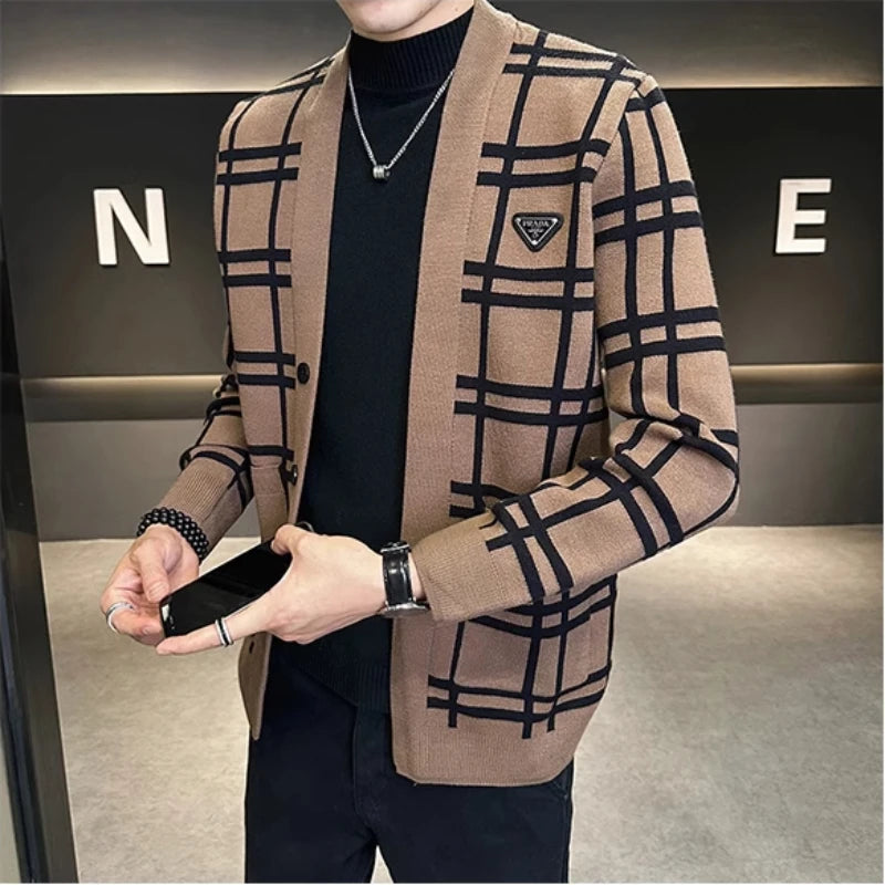 Brand Clothing Men's Fall Winter High Quality Casual Cardigan Knit Sweater Jackets/Male Loose Fashion Luxury Plaid Knit Sweaters