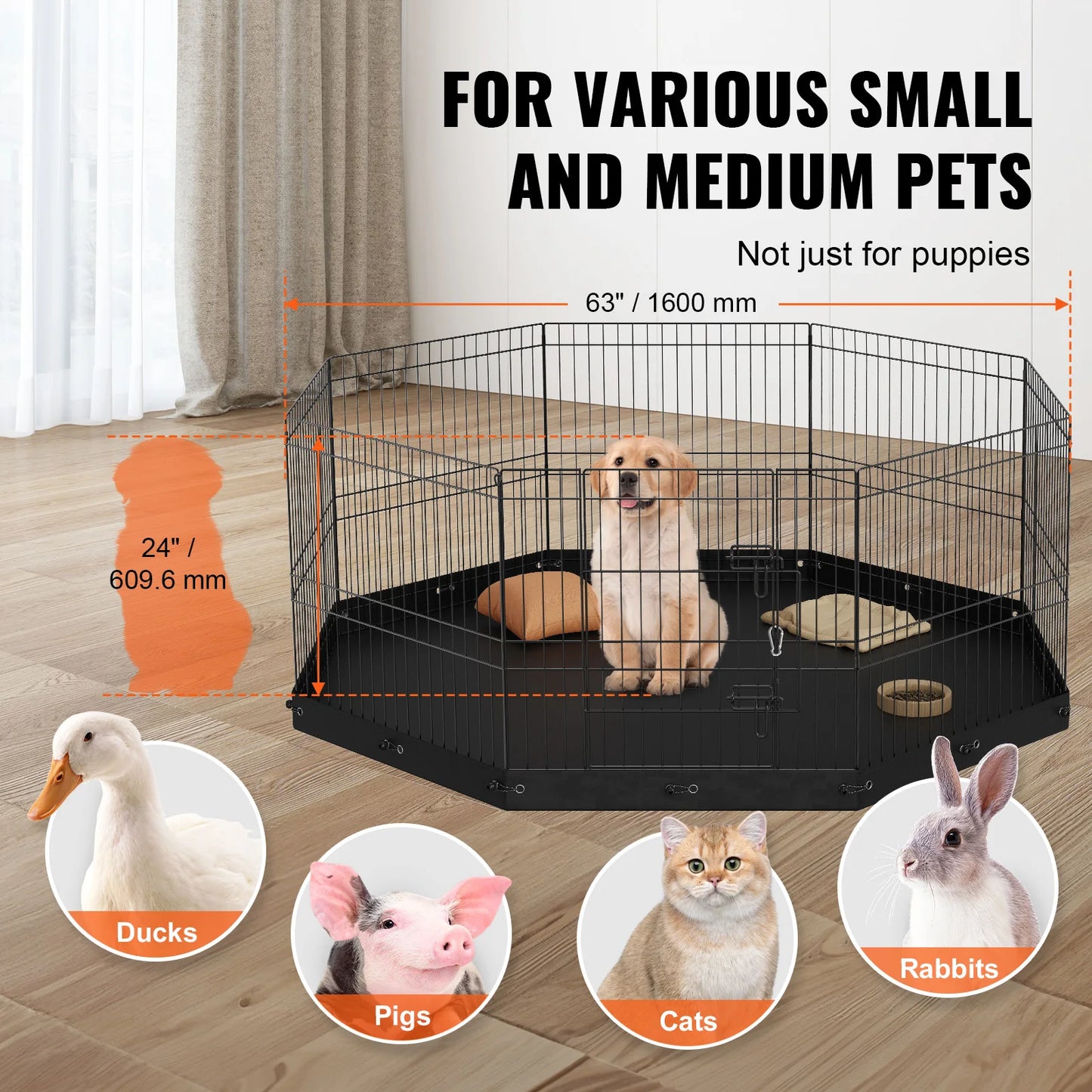 VEVOR Dog Playpen 8 Panels Foldable Metal Dog Exercise Pen Pet Fence with Bottom Pad Cover for Puppy Outdoor Camping Yard Kennel