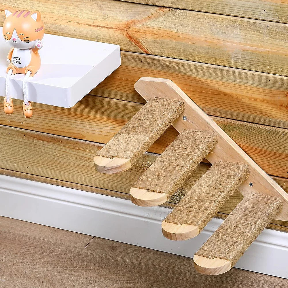 Wall Mounted Cat Shelves and Four Steps Ladder Wall Wooden Sisal Bed Hammock Jumping Platform for Cat Playing and Sleeping