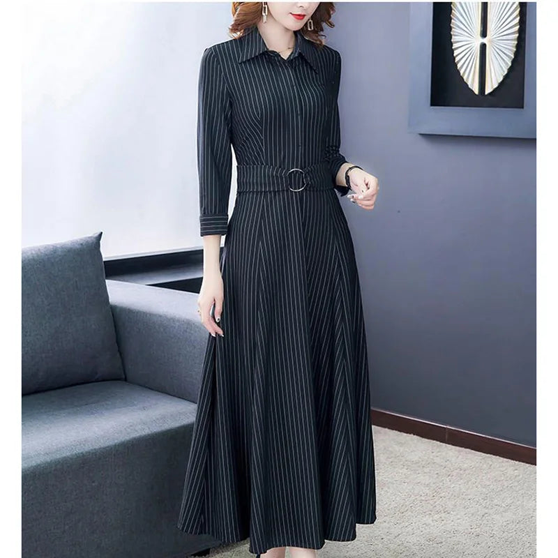 Elegant Lapel Button Spliced Loose Belt Striped Shirt Dress Women's Clothing 2023 Autumn New Oversized Office Lady Midi Dress