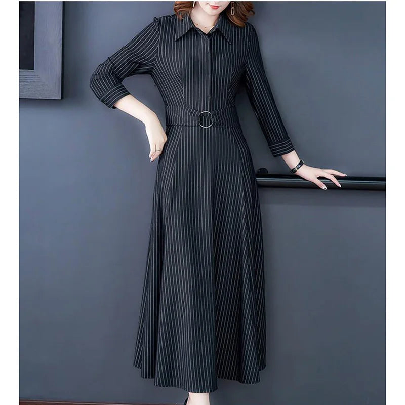 Elegant Lapel Button Spliced Loose Belt Striped Shirt Dress Women's Clothing 2023 Autumn New Oversized Office Lady Midi Dress