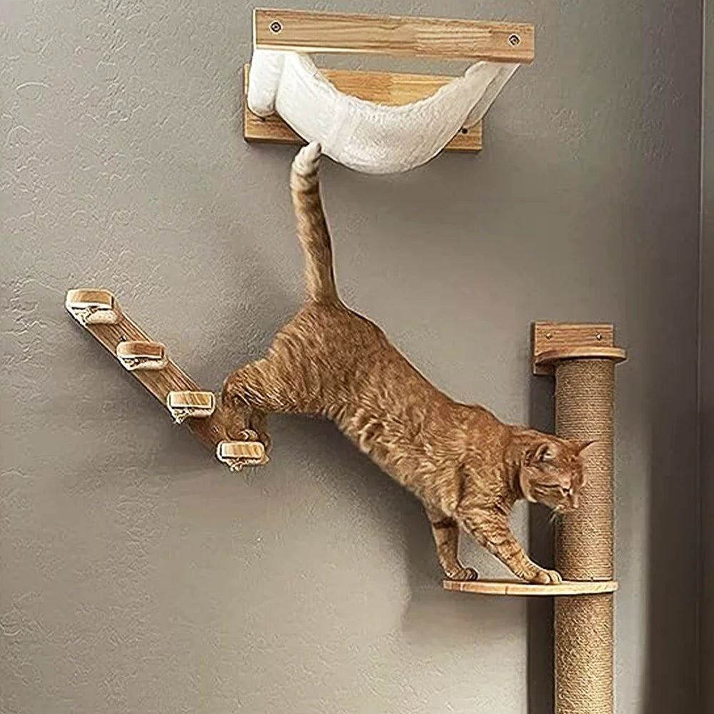 Wall Mounted Cat Shelves and Four Steps Ladder Wall Wooden Sisal Bed Hammock Jumping Platform for Cat Playing and Sleeping