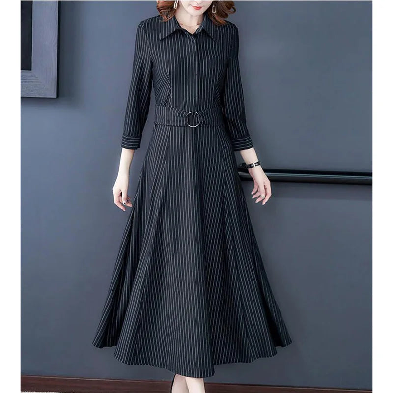 Elegant Lapel Button Spliced Loose Belt Striped Shirt Dress Women's Clothing 2023 Autumn New Oversized Office Lady Midi Dress