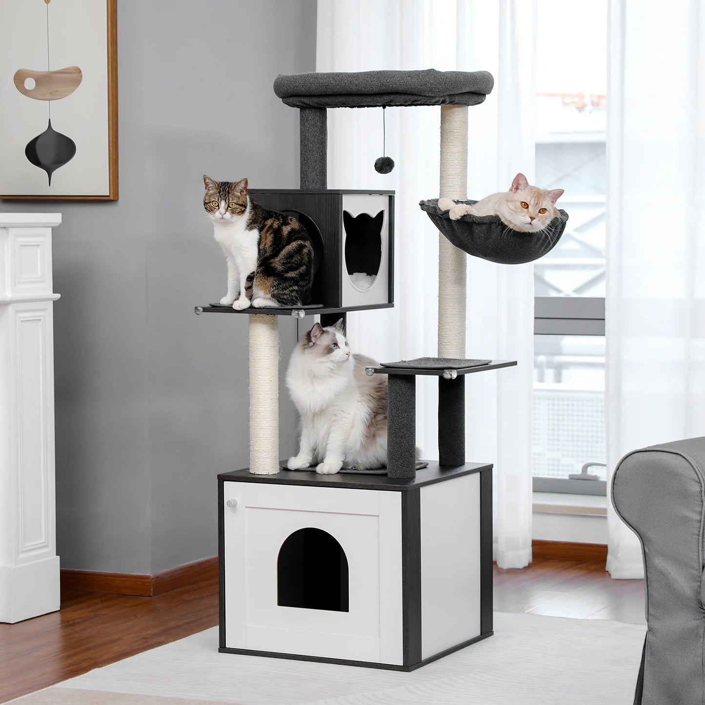 Multi-Level Cat Tree Wood Large Cat Tower with Scratching Posts Cat Condo Hammock Cat Scraper Pet Bed and Furniture Toys for Cat