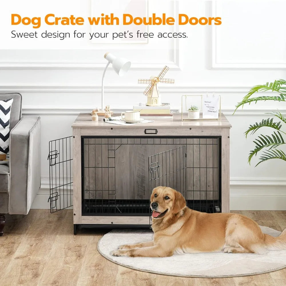 Dog Crate Furniture, Large Dog Kennel,  Double Door Modern Side End Table 38.6”L x 25.6”W x 26.9”H Greige